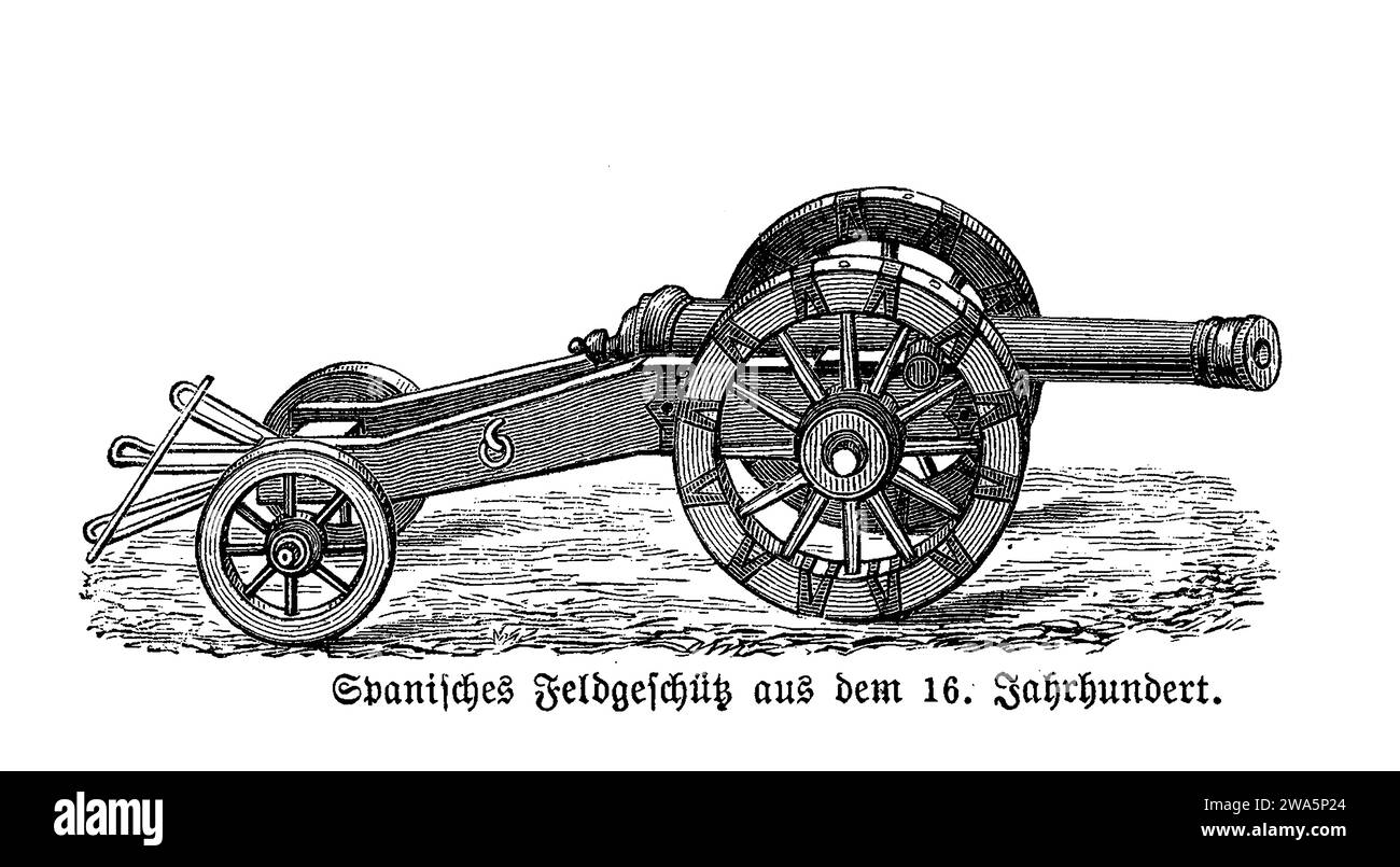 Field artillery 16th century, Spanish mobile gun on limber two-wheeled cart Stock Photo