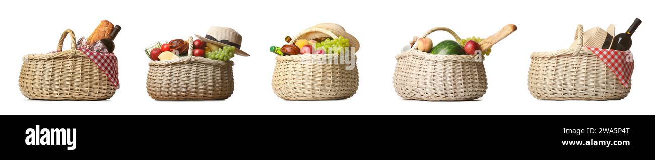 Set of wicker baskets with tasty food for picnic on white background ...