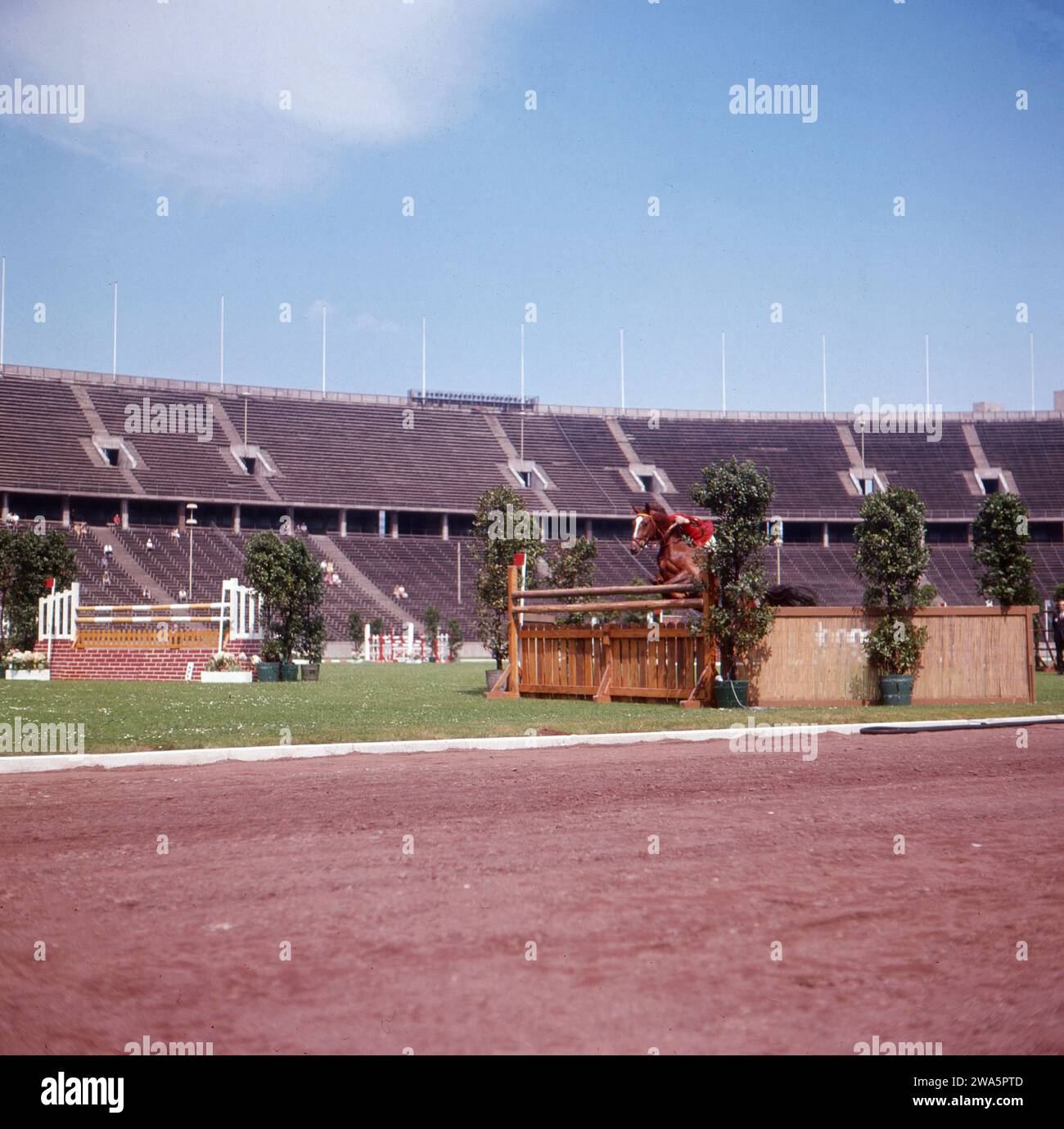 Original-Bildunterschrift: Olympia-Ausscheidung im Springreiten im Olympia-Stadion, hier: Hermann Schridde auf Dozent, Berlin, Deutschland 1964. Stock Photo