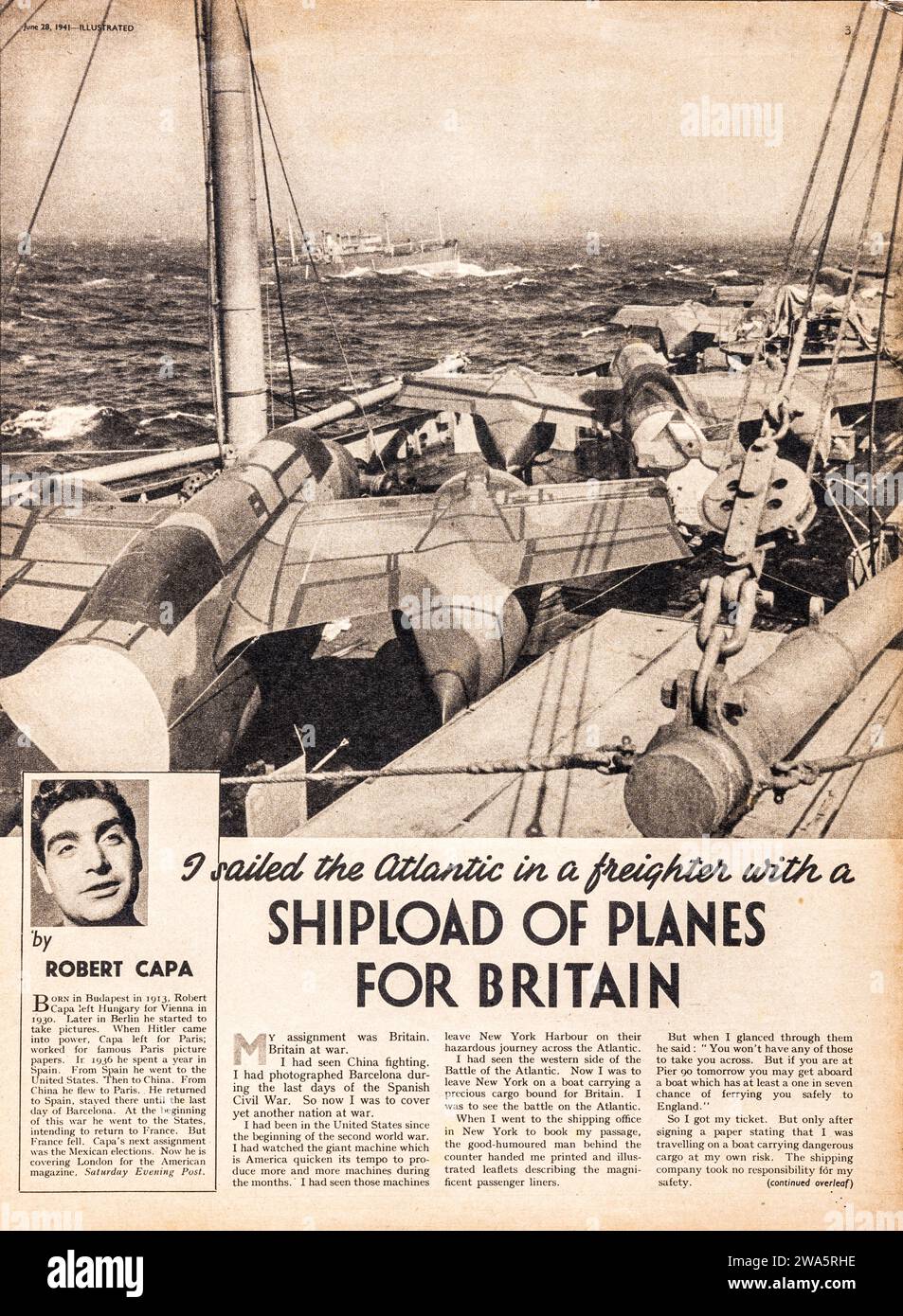 An article from 'Illustrated' magazine for 1941, by the famous war photographer Robert Capa, written and photographed while on his way across the Atlantic to cover the war in Europe. He travelled on a ship carrying American military aircraft for use by Britain, under the lend-lease scheme - the USA was not at that time involved in the war. The full story is contained in images 2WA5RHE,  2WA5RMK and 2WA5RYA Stock Photo
