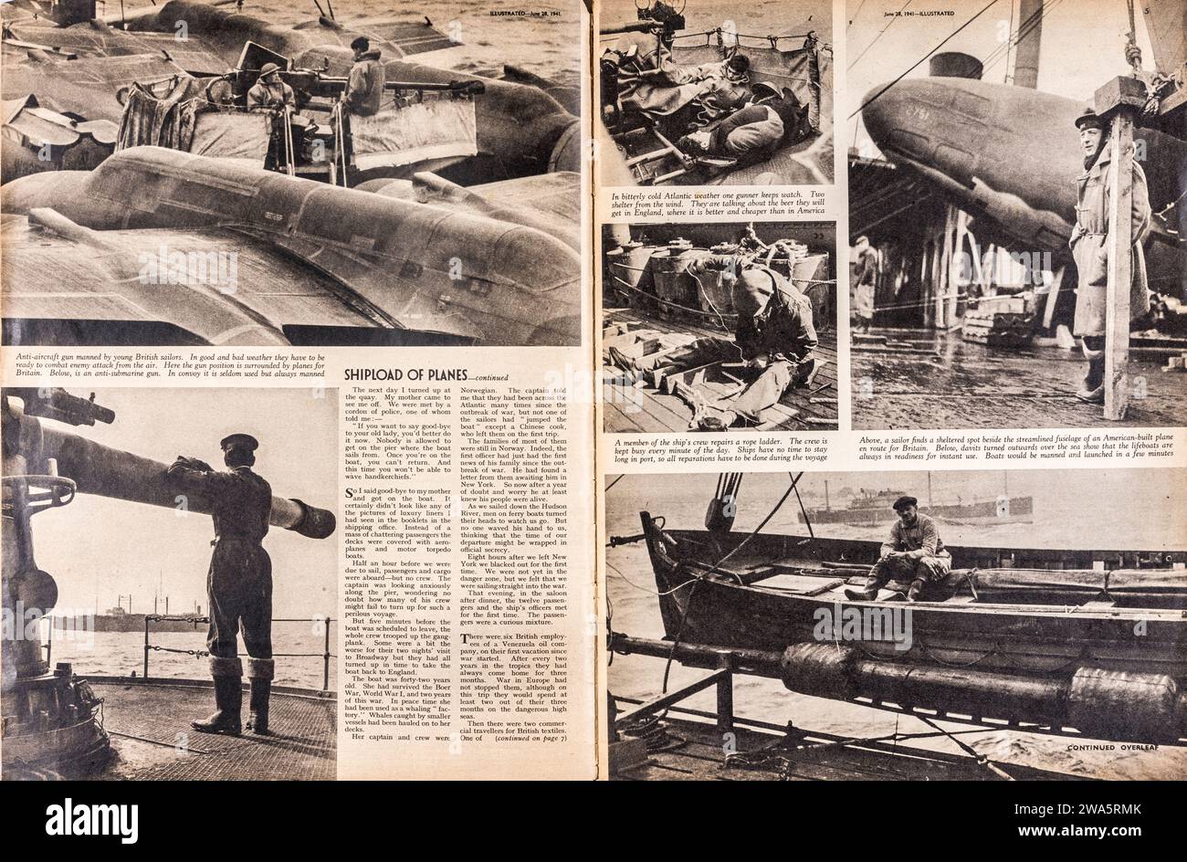 An article from 'Illustrated' magazine for 1941, by the famous war photographer Robert Capa, written and photographed while on his way across the Atlantic to cover the war in Europe. He travelled on a ship carrying American military aircraft for use by Britain, under the lend-lease scheme - the USA was not at that time involved in the war. The full story is contained in images 2WA5RHE,  2WA5RMK and 2WA5RYA Stock Photo