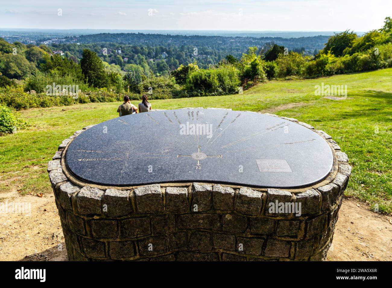 Reigate Hill Viewpoint direction dial making the centenary of Rotary International 2005, North Downs Way, Surrey, England Stock Photo