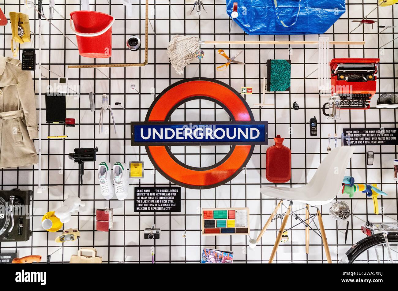 Display of product design with the London Underground roundel at centre, Design Museum, London, England Stock Photo