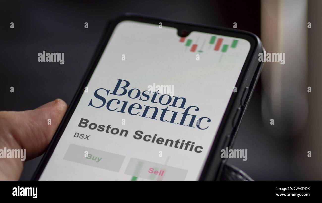January 2nd 2024. Marlborough, Massachusetts. The logo of Boston Scientific on the screen of an exchange. Boston Scientific price stocks, $BSX on a de Stock Photo