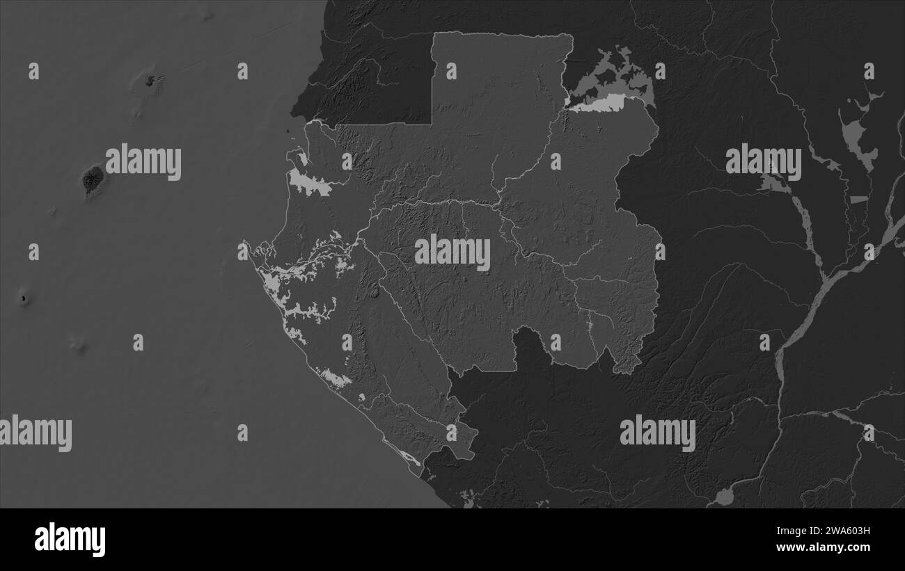 Gabon highlighted on a Bilevel elevation map with lakes and rivers ...