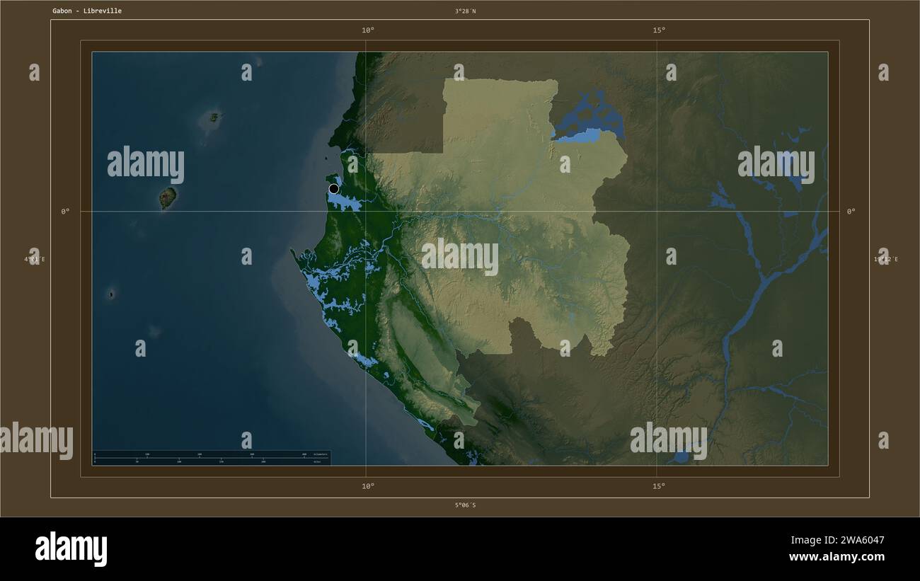Gabon highlighted on a Colored elevation map with lakes and rivers map ...