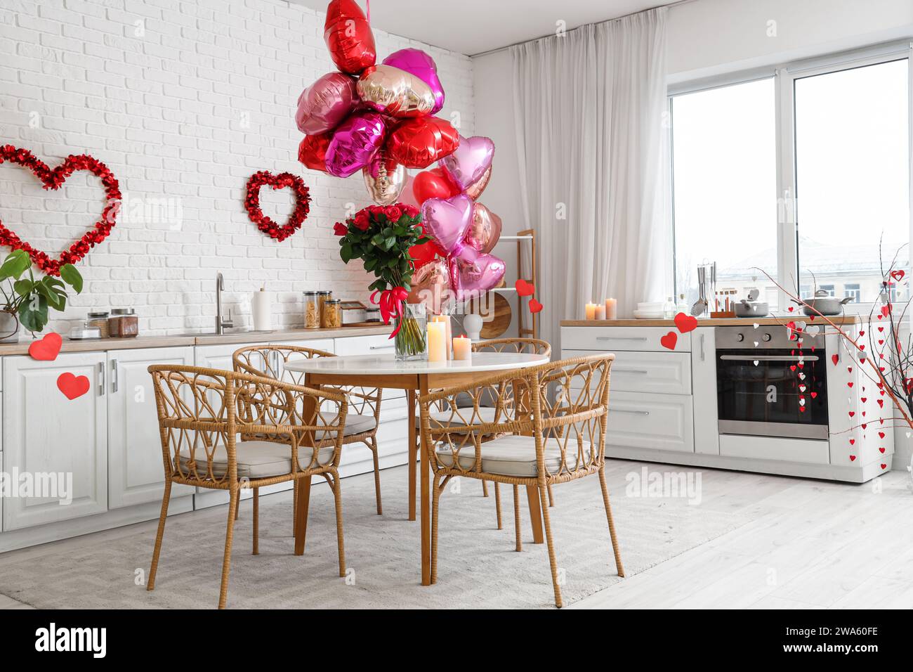 Interior of festive kitchen with decorations for Valentine's Day ...