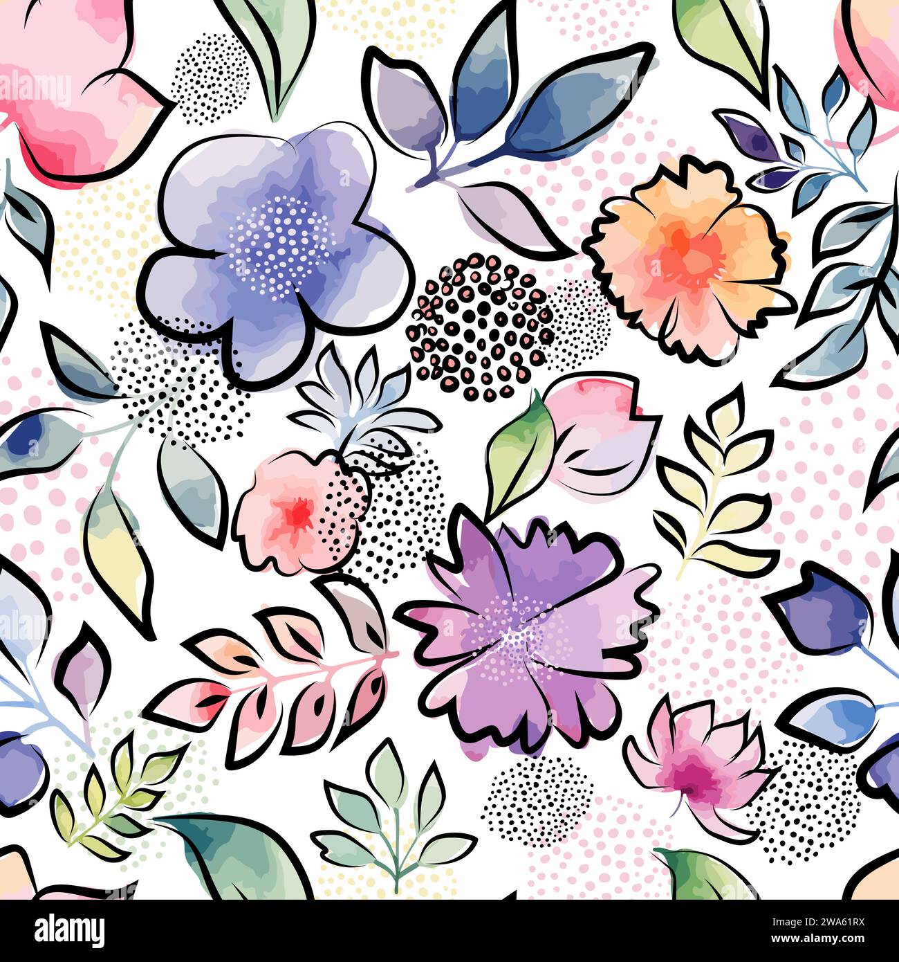 Pink watercolor flowers seamless pattern. hand drawing. Not AI, Vector ...