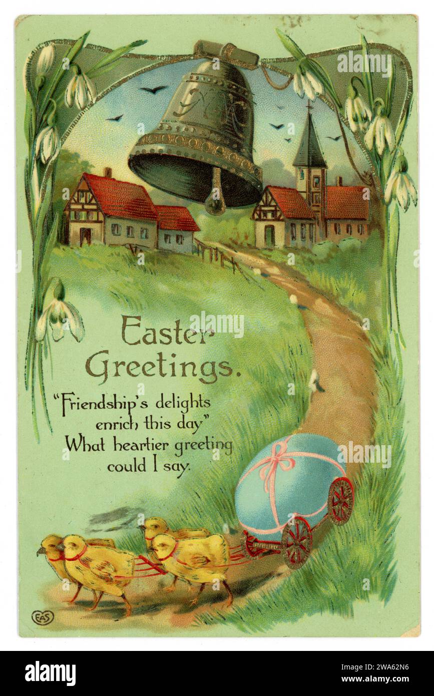 Original early embossed Easter greetings card, of chicks pulling an egg on a cart, posted Worthing 15 April 1911. U.K. Stock Photo