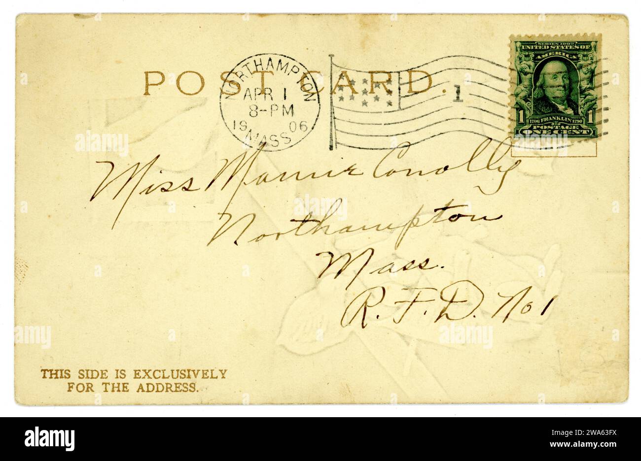 Reverse of original Edwardian era early American Easter greetings card, with one cent Benjamin Franklin green postage stamp, posted /sent 1 April 1906. U.S.A. Stock Photo