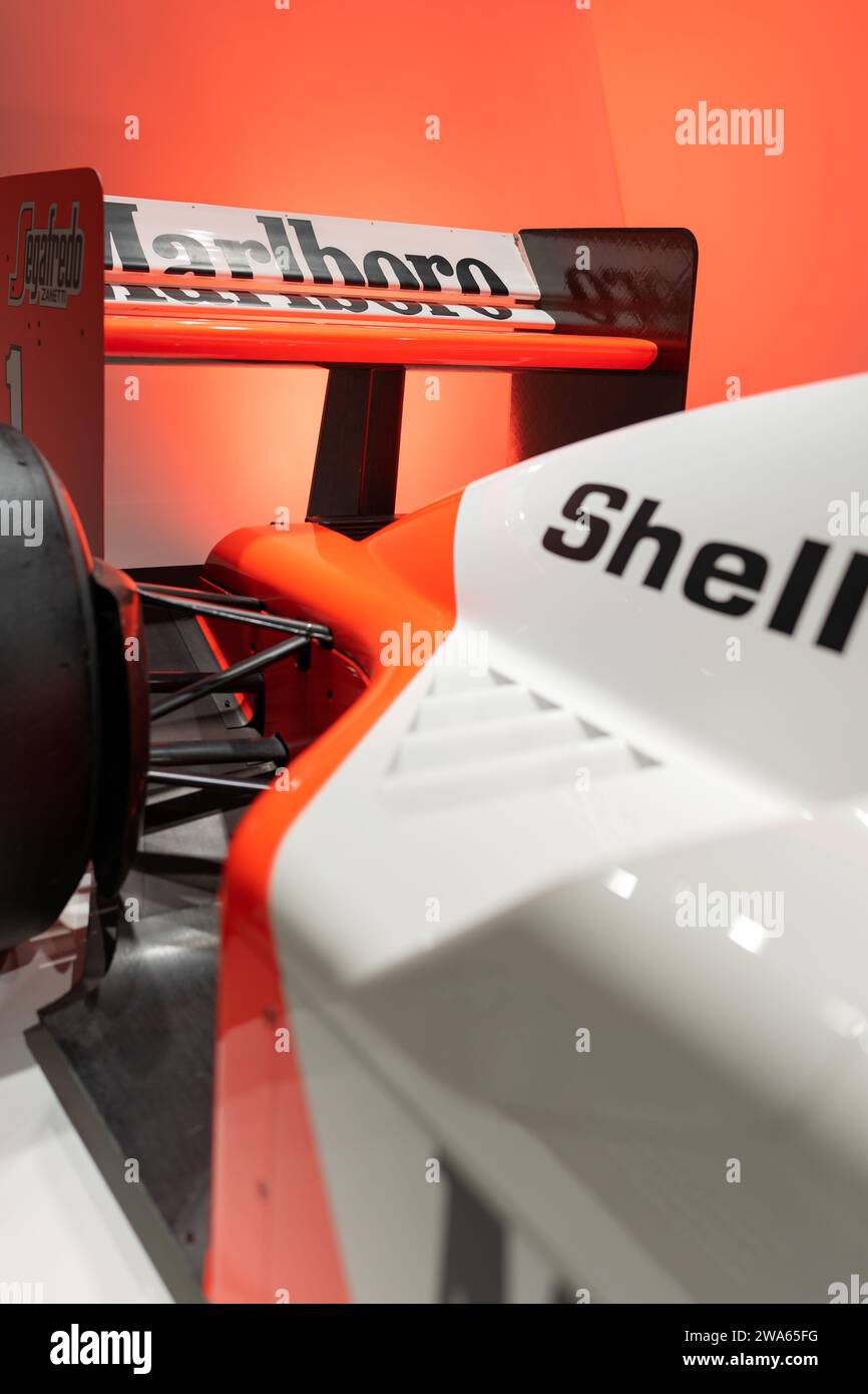 Formula 1 car spoiler close-up. Stuttgart, Germany, August 17, 2023: The Formula 1 car is in the room. Stock Photo