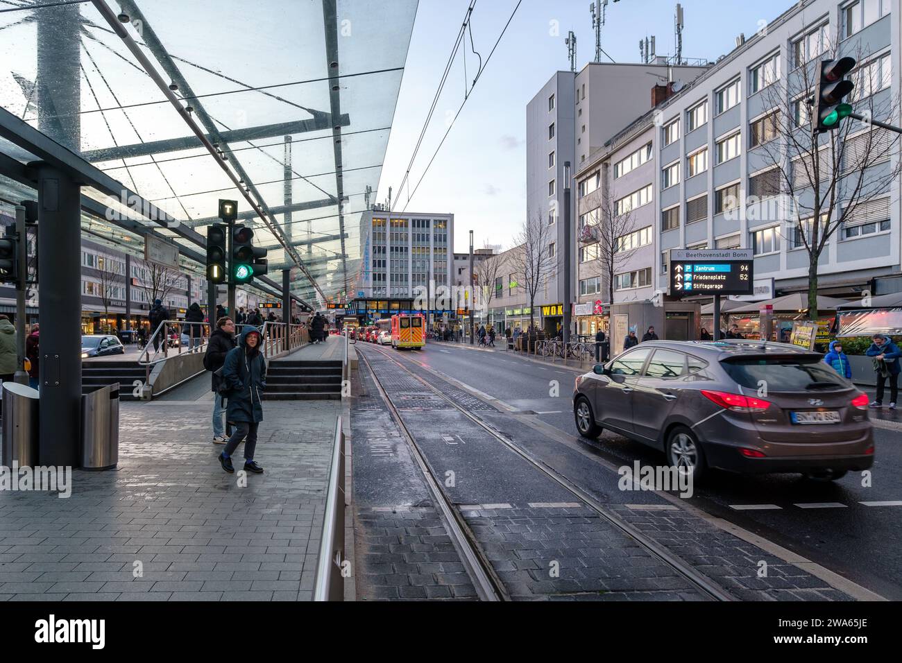 Bonn, Germany December 21, 2023 View of the BerthavonSuttnerPlatz, one of the central
