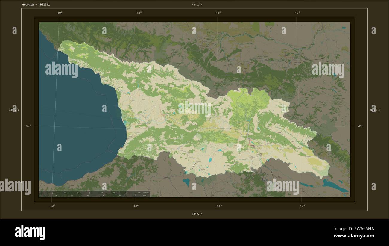 Georgia highlighted on a topographic, OSM Humanitarian style map map 