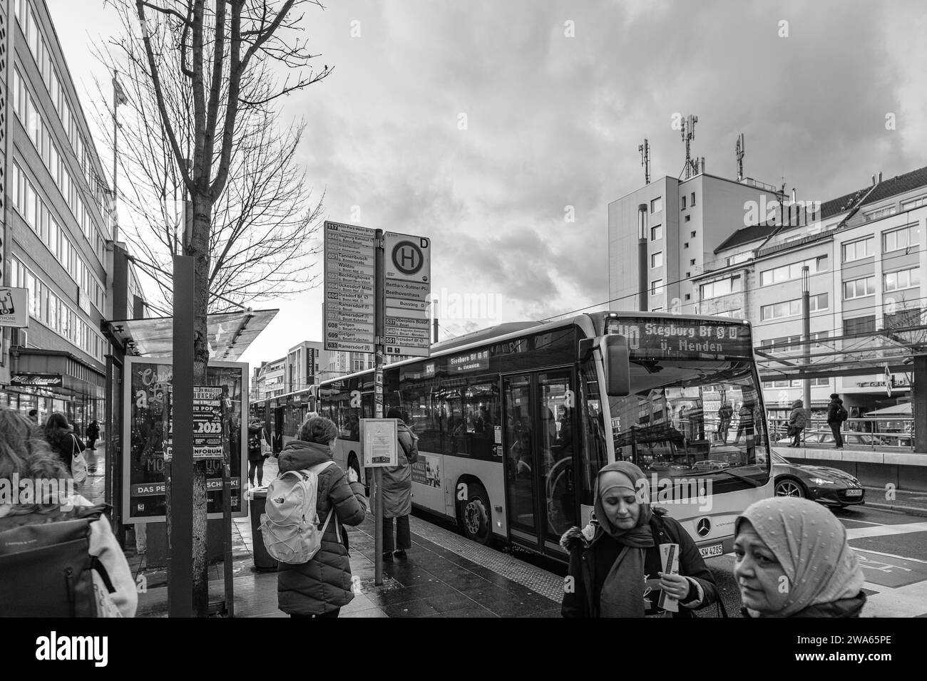 Bonn, Germany - December 21, 2023 : View of a bus at the Bertha-von-Suttner-Platz, one of the central squares and important transit for cars and buses Stock Photo