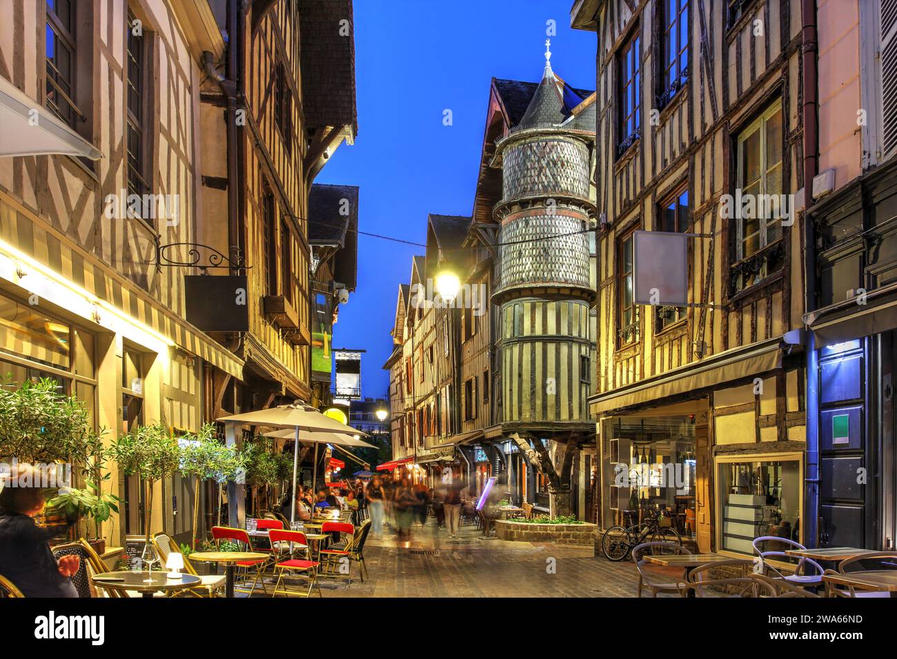 Night scene along Rue Champeux in the old charming town of Troyes, France Stock Photo