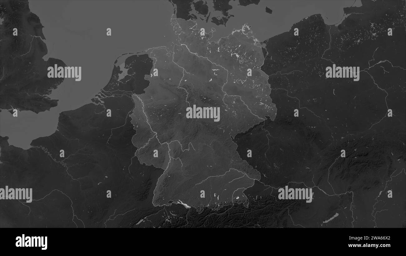 Germany highlighted on a Grayscale elevation map with lakes and rivers Stock Photo