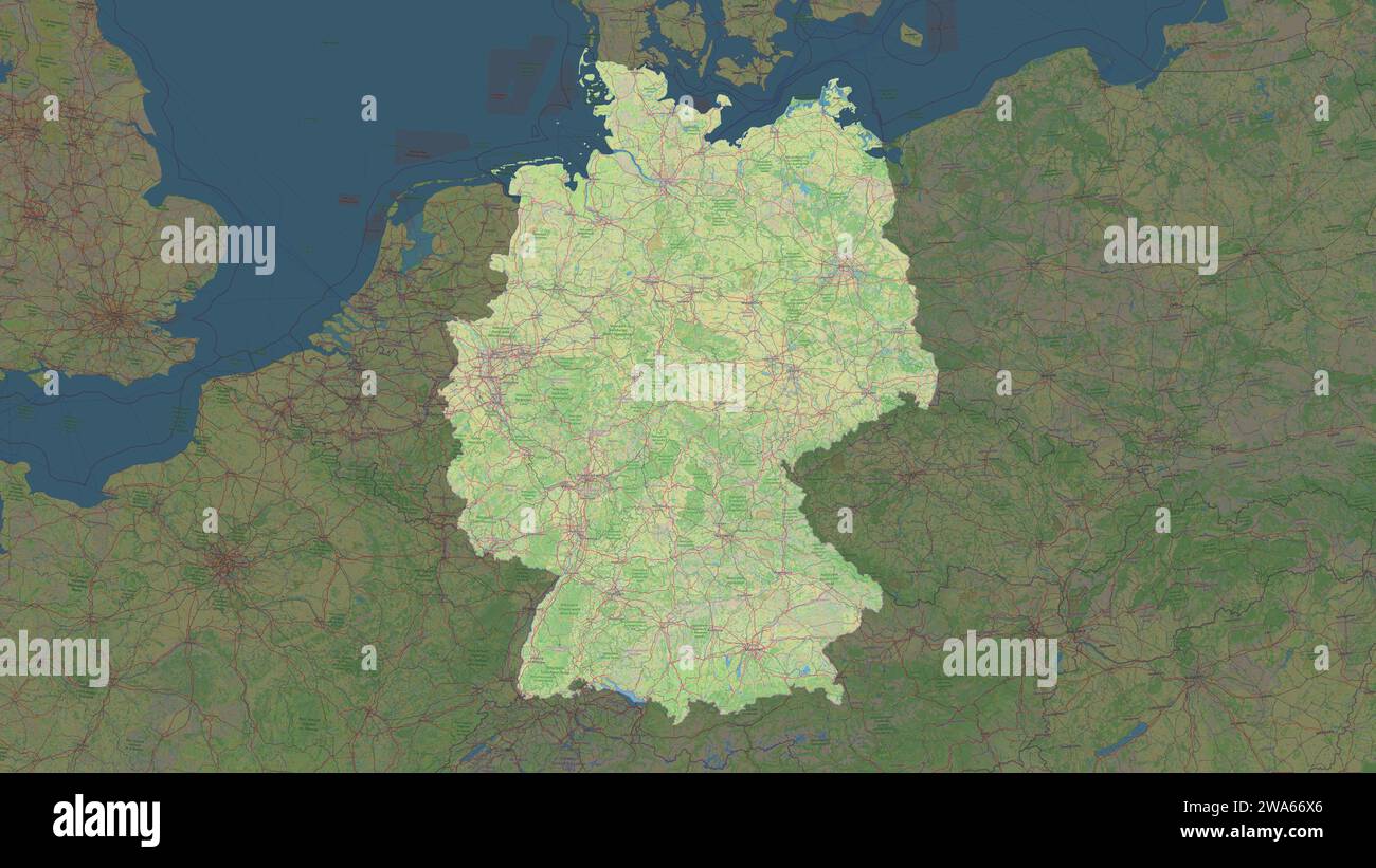 Germany highlighted on a topographic, OSM standard style map Stock Photo