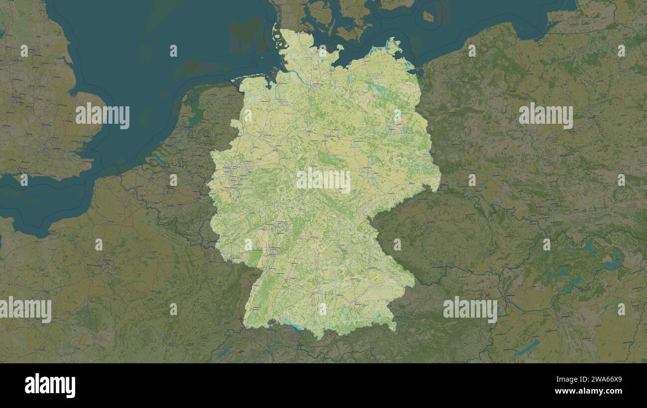 Germany highlighted on a topographic, OSM Humanitarian style map Stock Photo