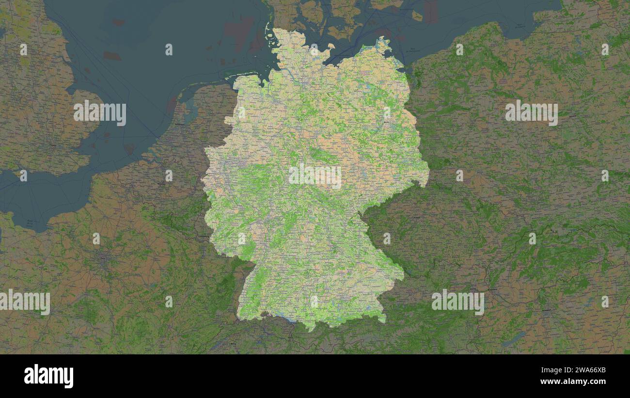 Germany highlighted on a topographic, OSM France style map Stock Photo