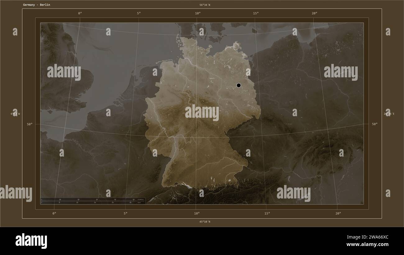Germany highlighted on a elevation map colored in sepia tones with lakes and rivers map with the country's capital point, cartographic grid, distance Stock Photo