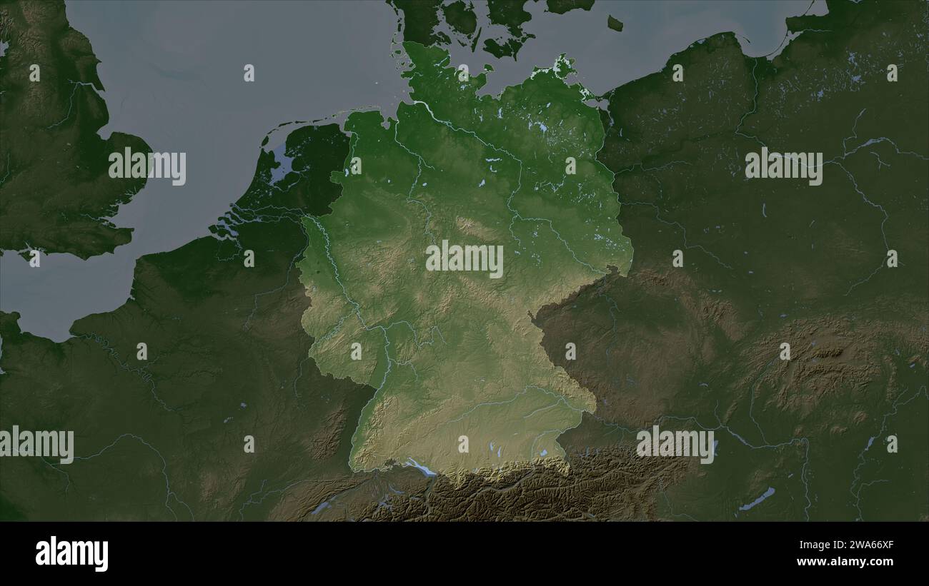 Germany highlighted on a Pale colored elevation map with lakes and rivers Stock Photo