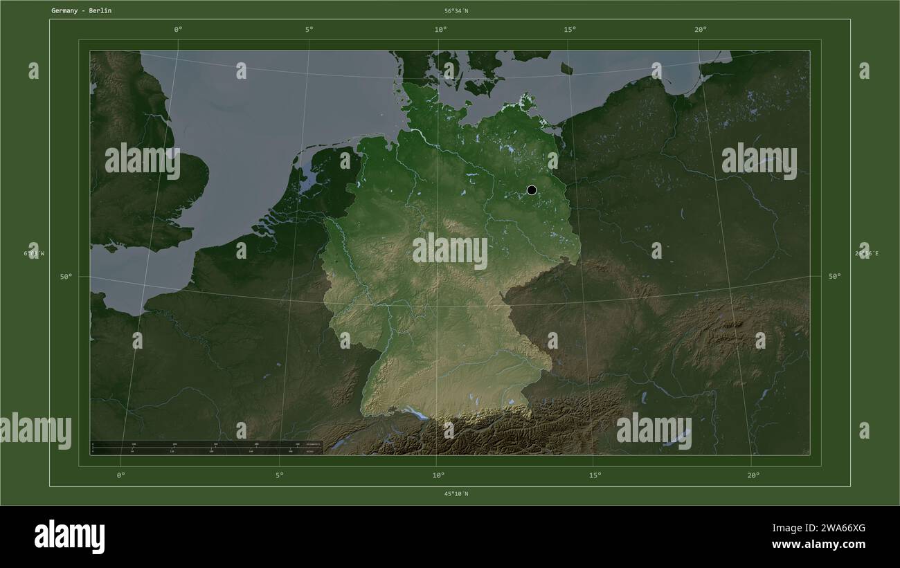 Germany highlighted on a Pale colored elevation map with lakes and rivers map with the country's capital point, cartographic grid, distance scale and Stock Photo