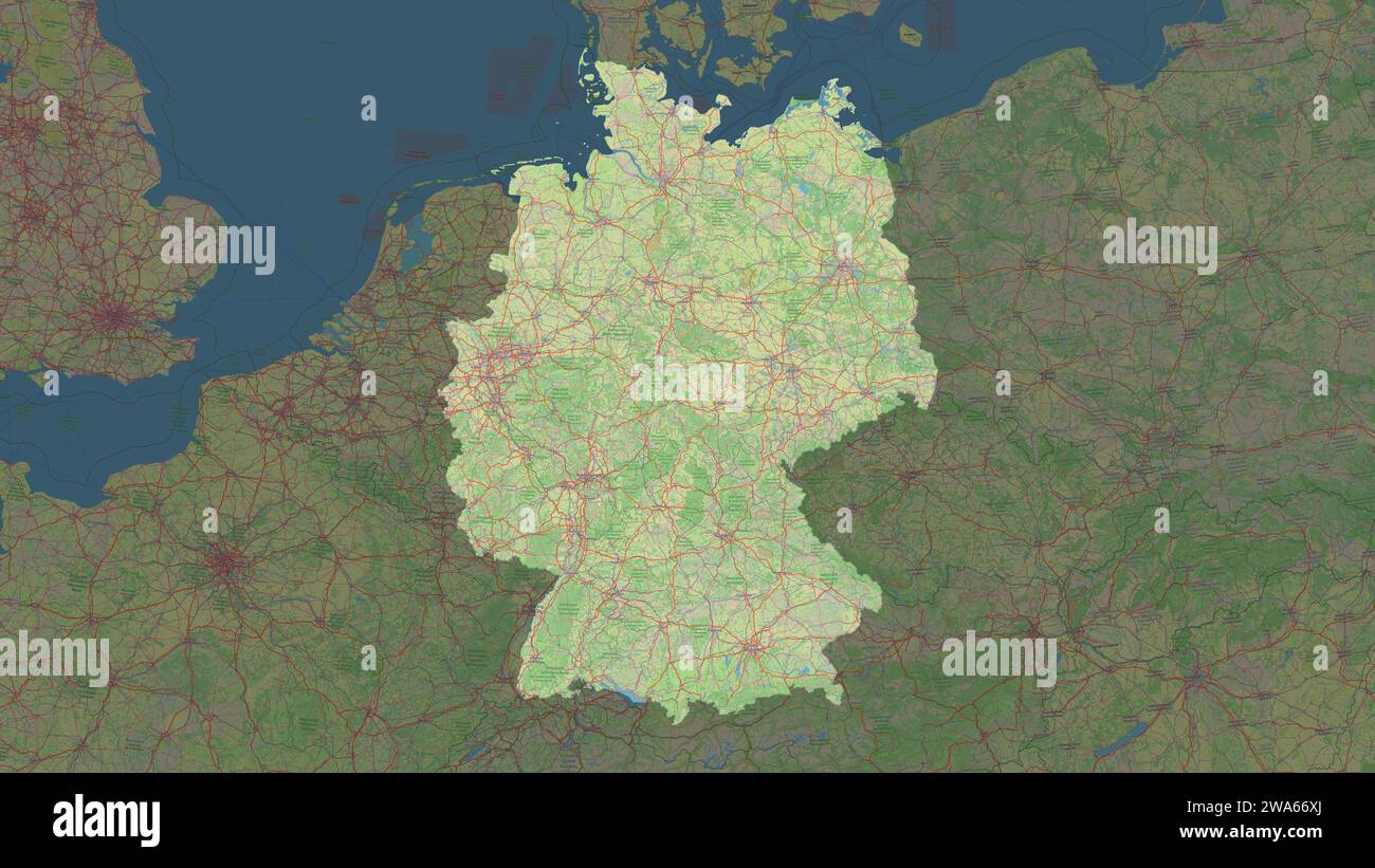 Germany highlighted on a topographic, OSM Germany style map Stock Photo