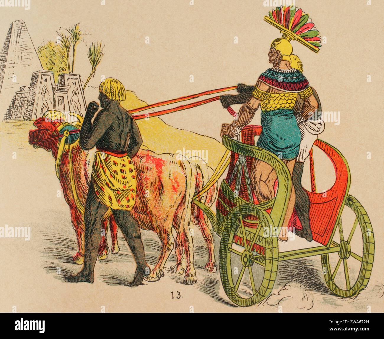 Ancient Egypt. Warfare chariot. Chromolithography. ''Historia Universal'' (Universal History), by Cesar Cantu. Volume I, 1881. Stock Photo