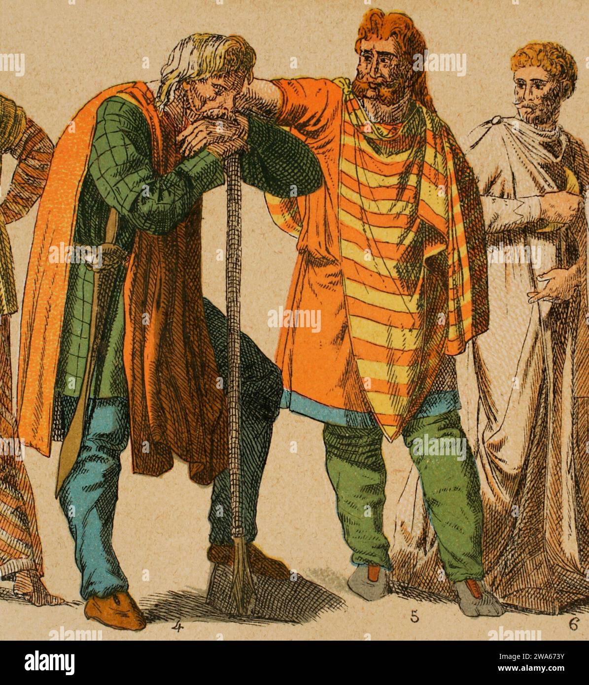 Gauls. From left to right: 4- warrior garment, with sword fastened with chain, 5- male costume of a person of rank, 6- Gallic priest's vestment, with sacral knife. Chromolithography. 'Historia Universal', by Cesar Canto. Volume II, 1881. Stock Photo