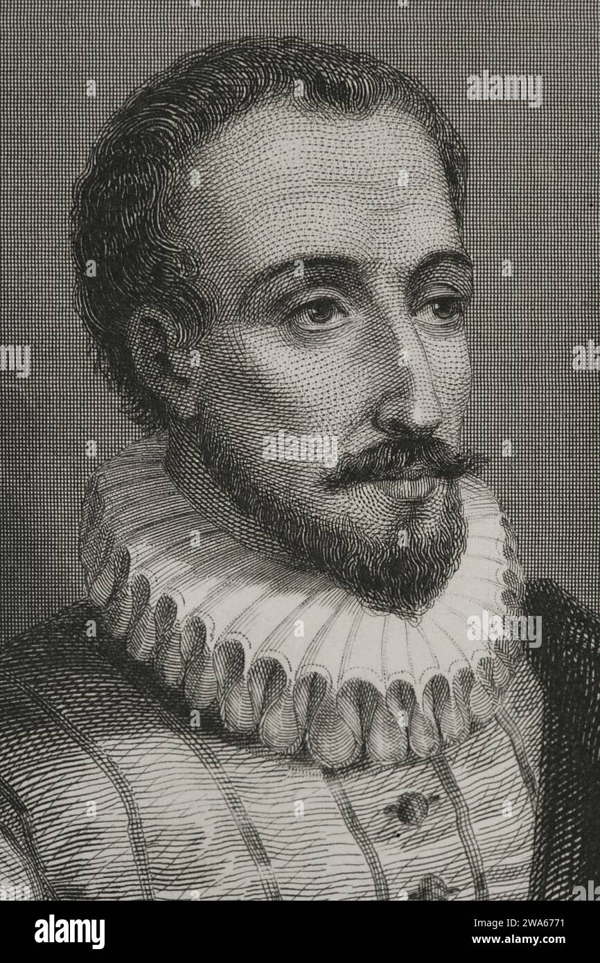 Miguel de Cervantes (1547-1616). Spanish writer. Author of Don Quixote. Portrait. Engraving by Geoffroy. 'Historia Universal', by Cesar Canto. Volume V. 1856. Stock Photo