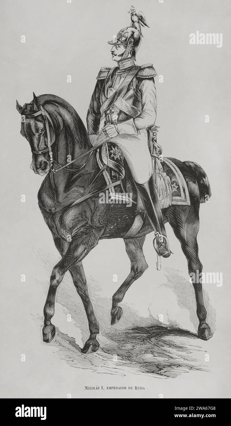 Nicholas I of Russia (1796-1855). Tsar of Russia (1825-1855). Equestrian portrait. Engraving. 'Los Heroes y las Grandezas de la Tierra'. Tomo V. 1855. Stock Photo