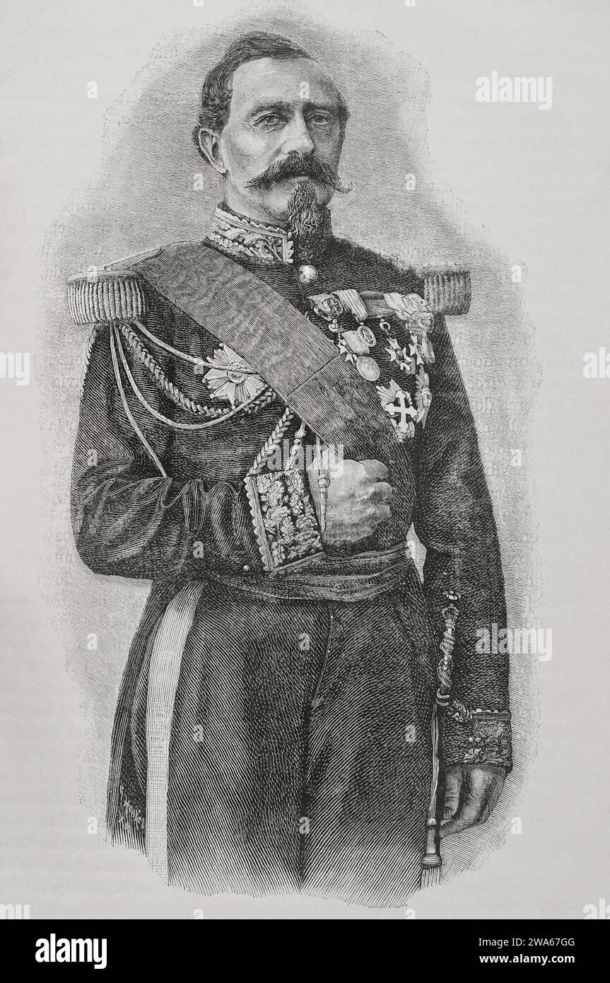 Charles Denis Bourbaki (1816-1897). French general. Portrait. Engraving. 'Historia de la Guerra Franco-Alemana' de 1870-1871'. Published in Barcelona, 1891. Stock Photo