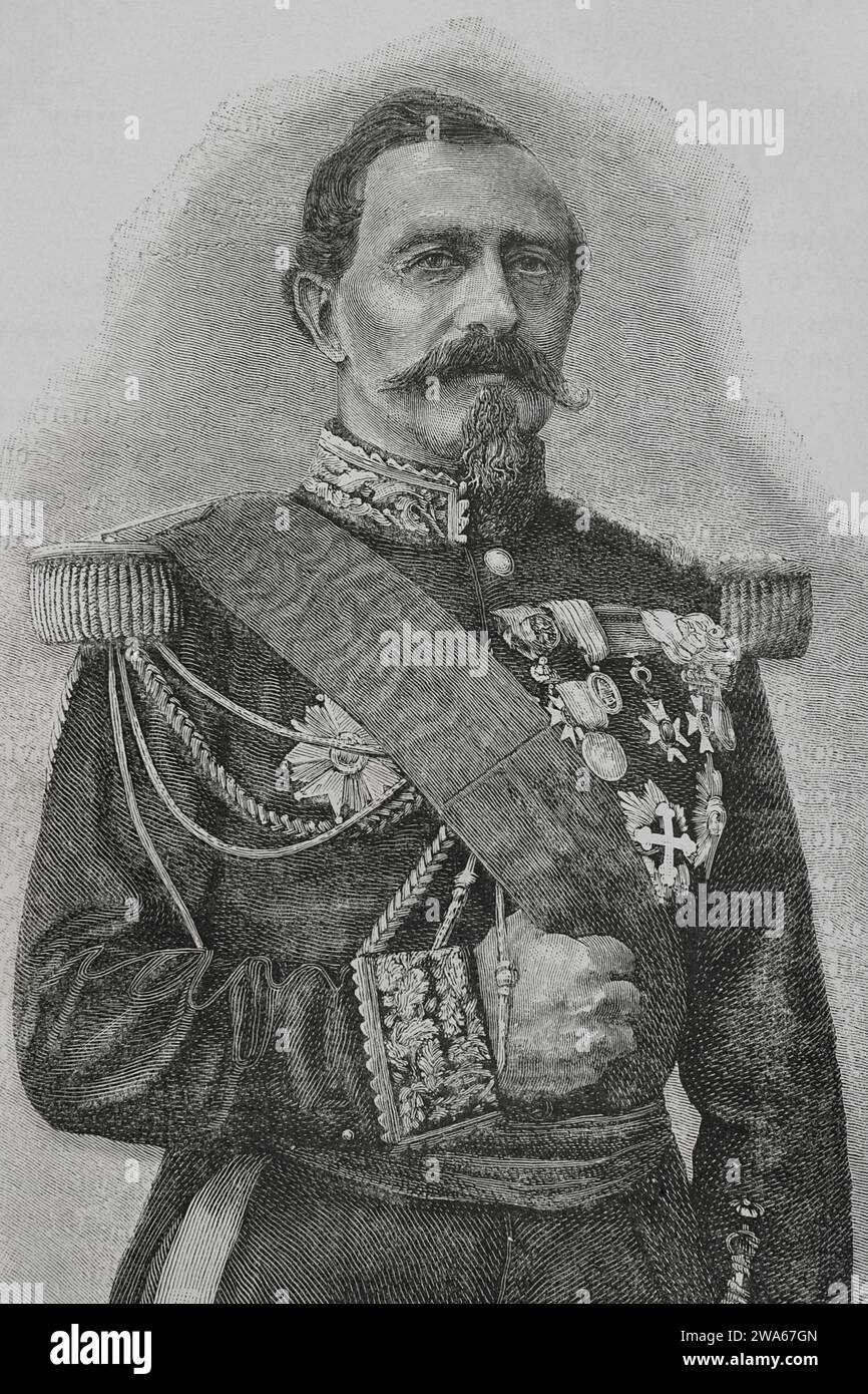 Charles Denis Bourbaki (1816-1897). French general. Portrait. Engraving. Detail. 'Historia de la Guerra Franco-Alemana' de 1870-1871'. Published in Barcelona, 1891. Stock Photo