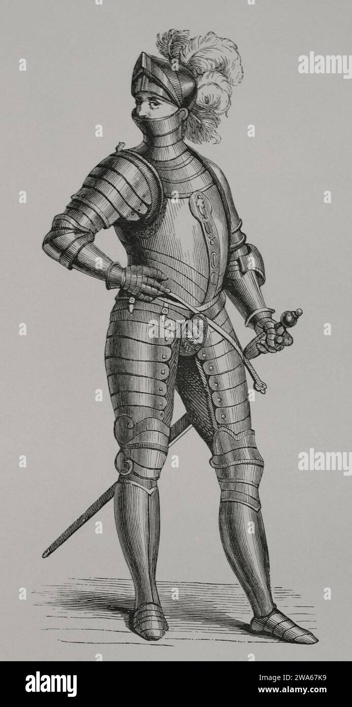 Knight in armour. Engraving from a design by Cesare Vecellio (ca. 1521-ca. 1601) in 1590. 'Vie Militaire et Religieuse au Moyen Age et a l'Epoque de la Renaissance'. Paris, 1877. Stock Photo