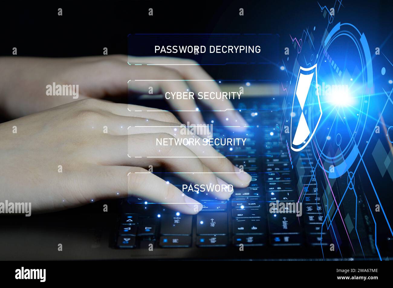 Keypad, cyber shield, lock, technology security system. Digital link. Cyber security with advanced technology. Stock Photo