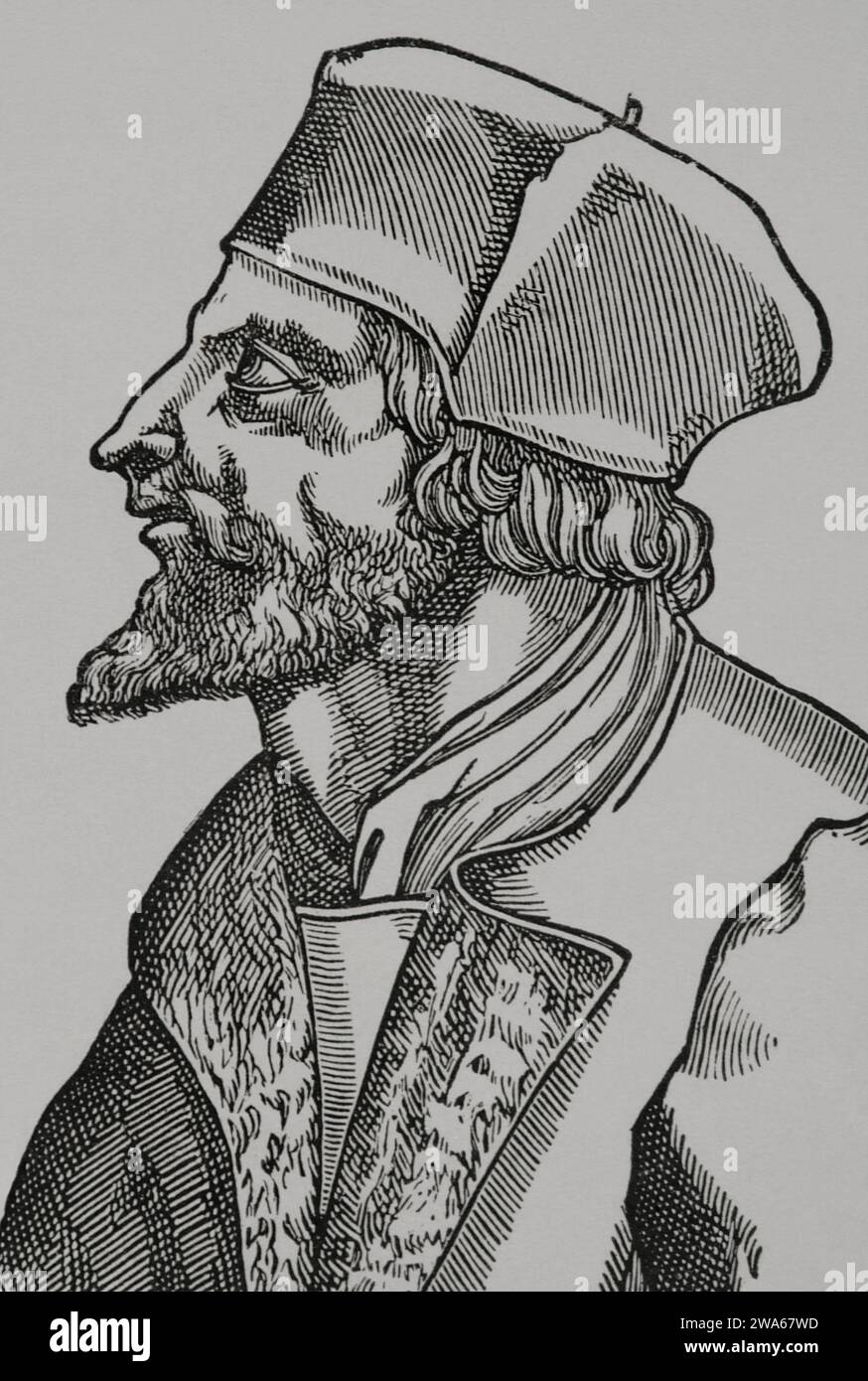 Jan Hus (1369-1415). Czech theologian and philosopher. Reformer excommunicated in 1410 for propagating the doctrines of Wycliffe. In 1414 he attended the Council of Constance, where he was tried and condemned to the stake as a heretic. This unleashed the Hussite uprising (1419-1434), antecedent of the Wars of Religion. Portrait. Engraving. 'Vie Militaire et Religieuse au Moyen Age et a l'Epoque de la Renaissance'. Paris, 1877. Stock Photo