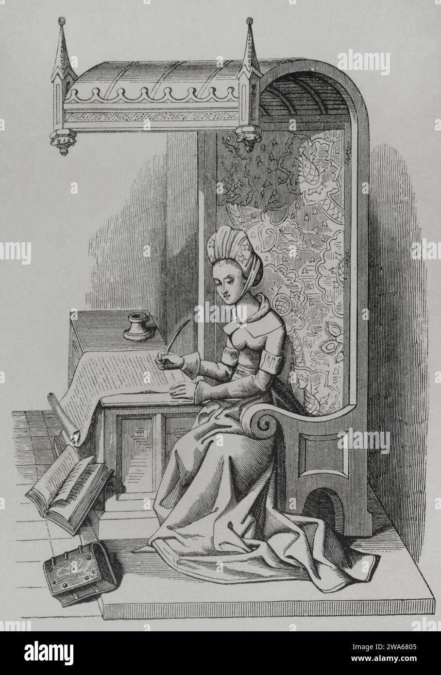 Christine de Pizan (1365-1430). French writer and philosopher born in Venice. Engraving after a miniature from the 15th century. 'Les Arts au Moyen Age et a l'Epoque de la Renaissance', by Paul Lacroix. Paris, 1877. Stock Photo