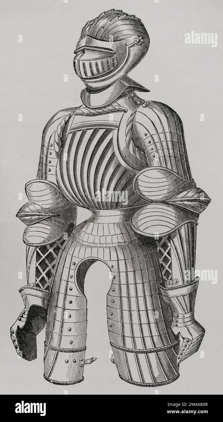 15th century rounded armour, called Maximilian armour. Engraving. 'Les Arts au Moyen Age et a l'Epoque de la Renaissance', by Paul Lacroix. Paris, 1877. Stock Photo