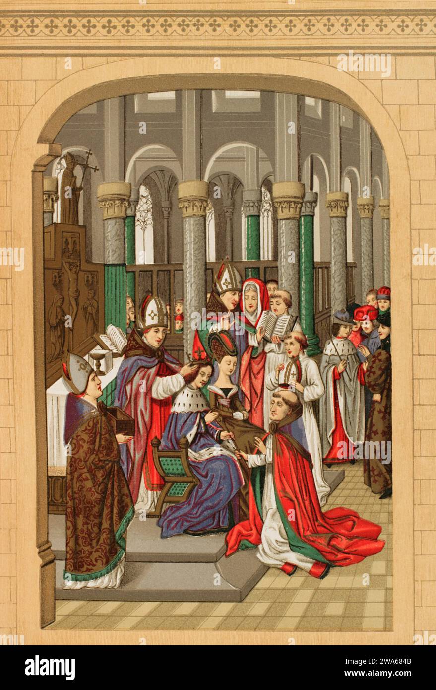 Charles V of France (1338-1380). Coronation of Charles V as King of France on 19 May 1364 at Reims Cathedral. Beside him, his wife Joan of Bourbon (1338-1378). Chromolithography after a miniature from 'Froissart's Chronicles'. Les Arts au Moyen Age et a l'Epoque de la Renaissance', by Paul Lacroix. Paris, 1877. Stock Photo