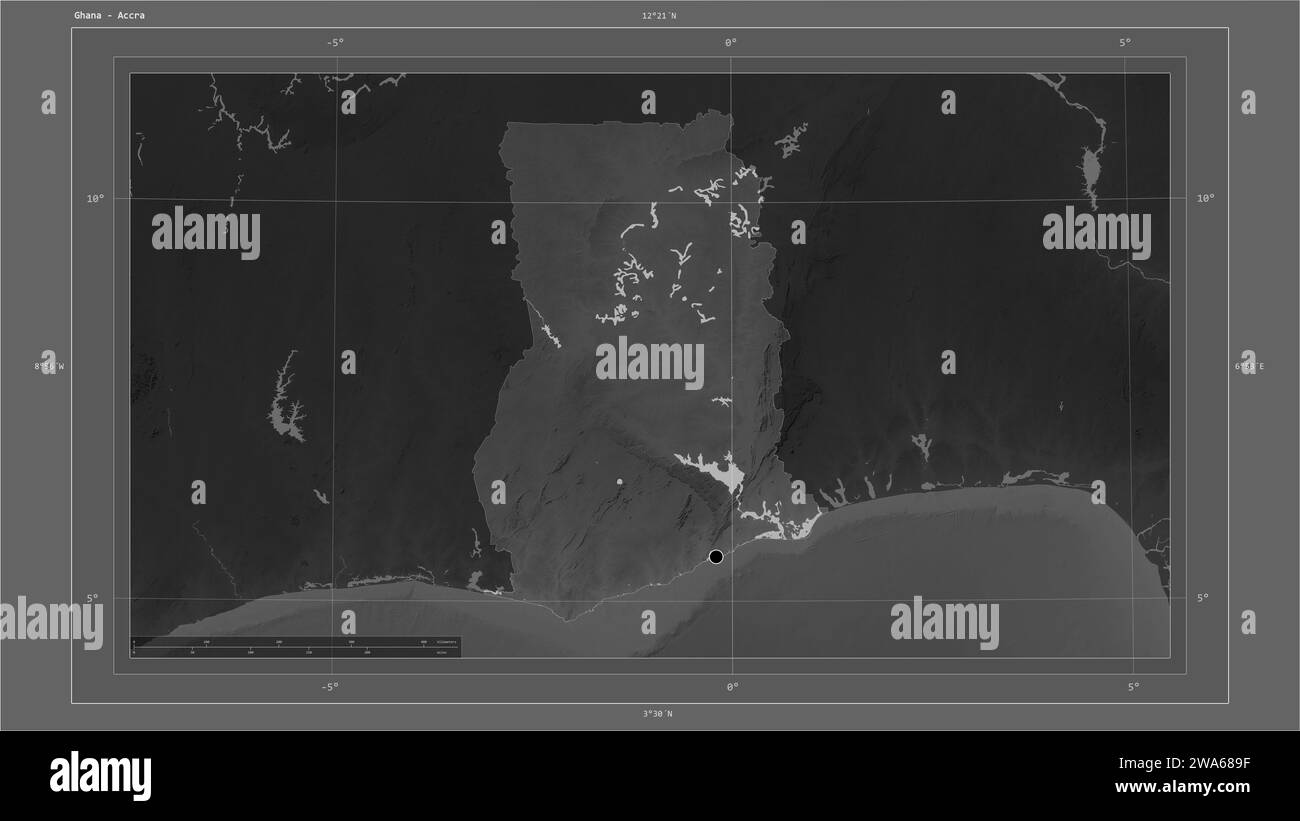 Ghana highlighted on a Grayscale elevation map with lakes and rivers
