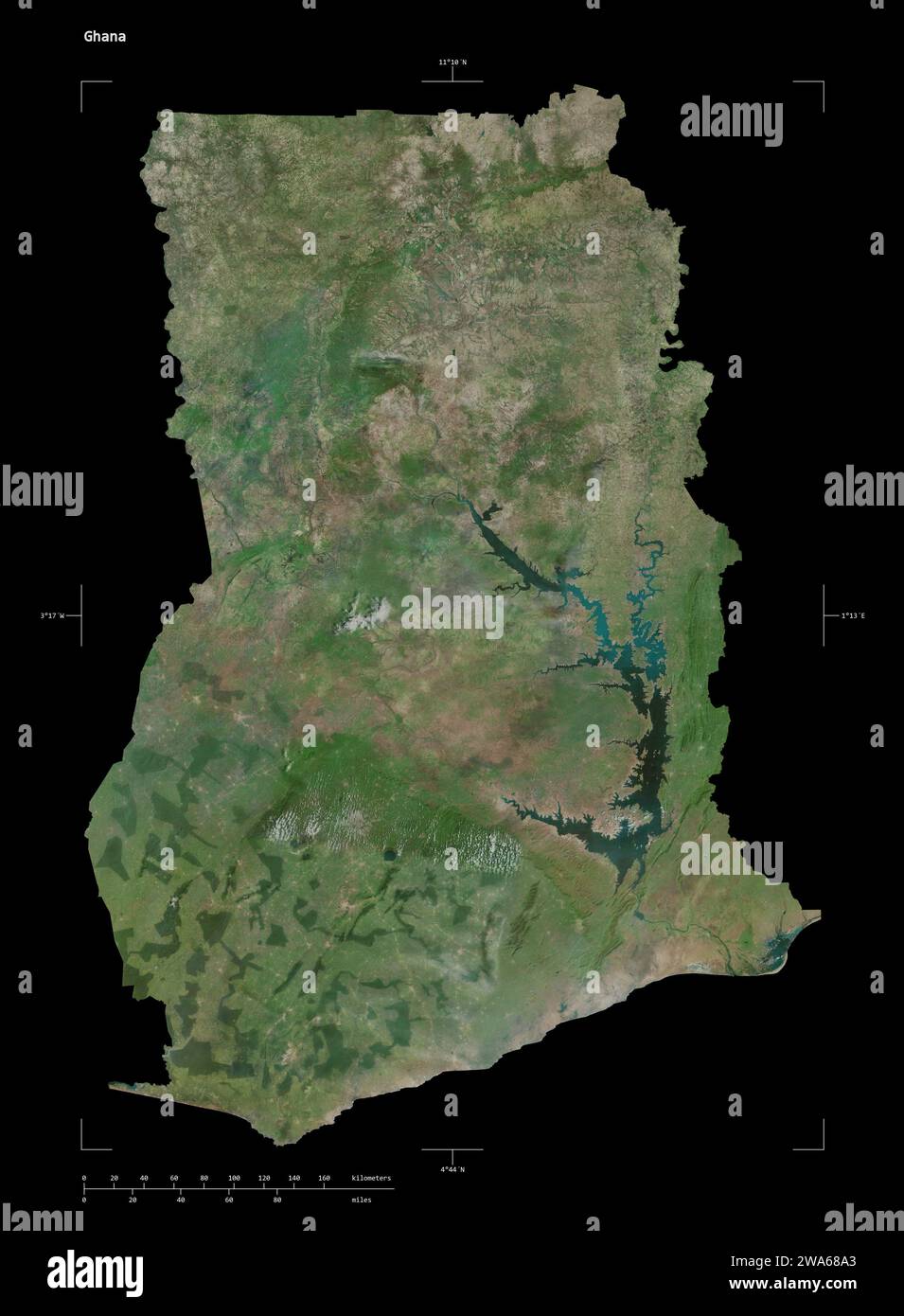 Shape of a high resolution satellite map of the Ghana, with distance scale and map border coordinates, isolated on black Stock Photo