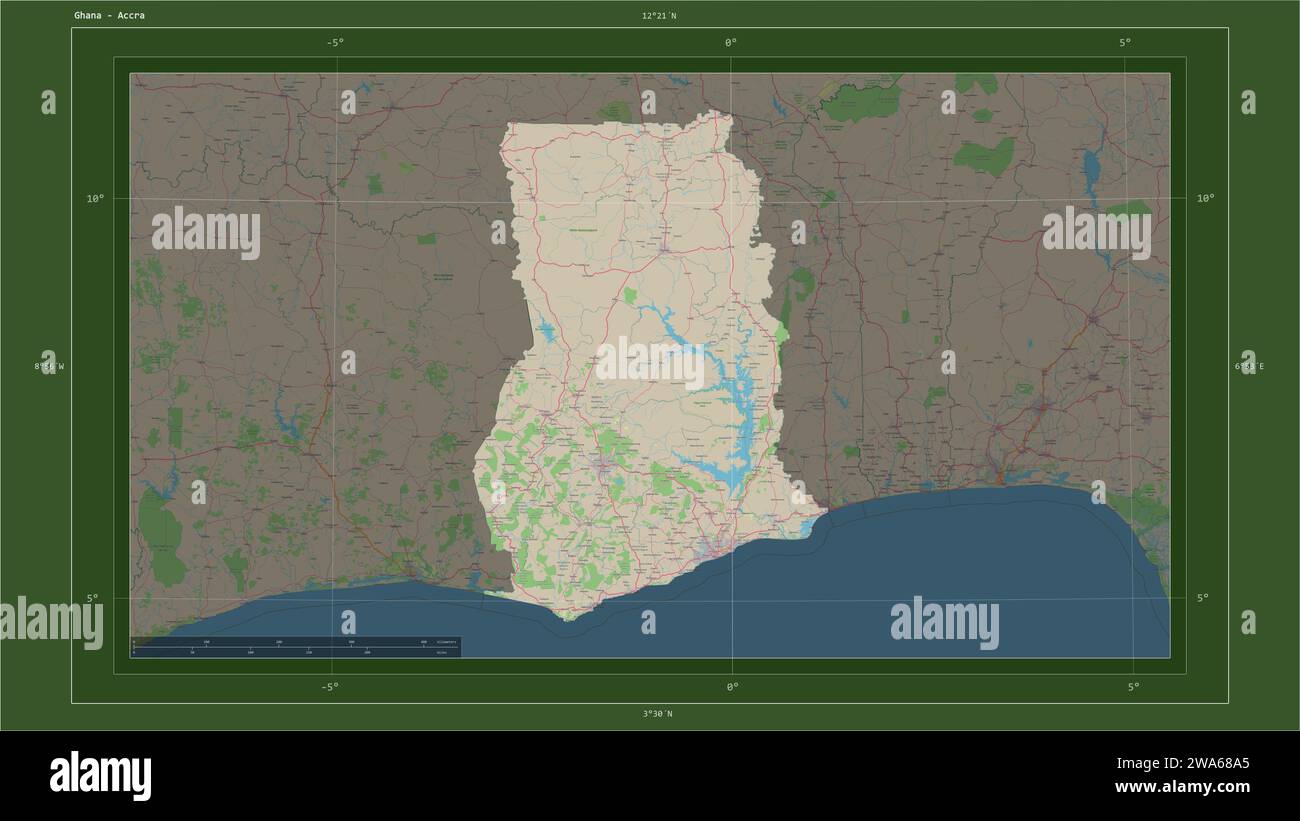 Ghana highlighted on a topographic, OSM Germany style map map with the