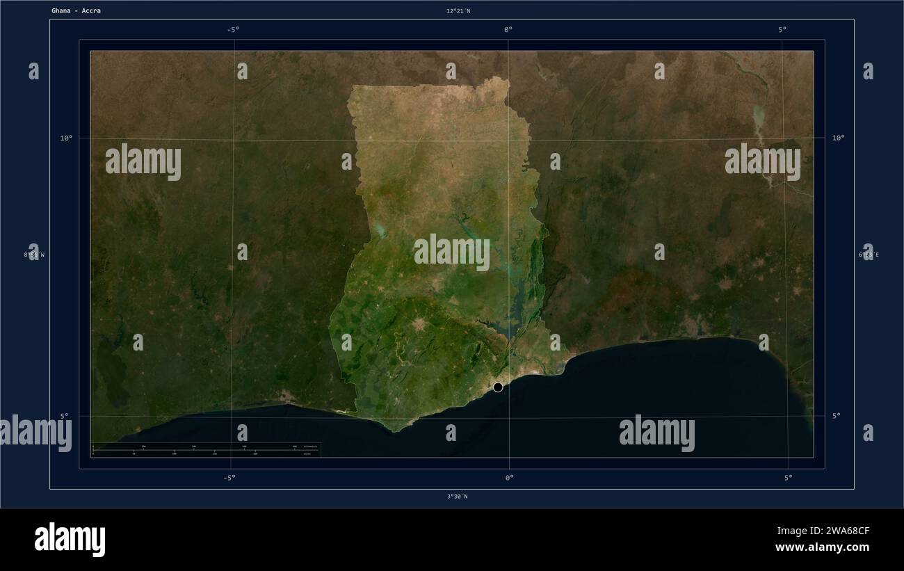 Ghana highlighted on a low resolution satellite map map with the