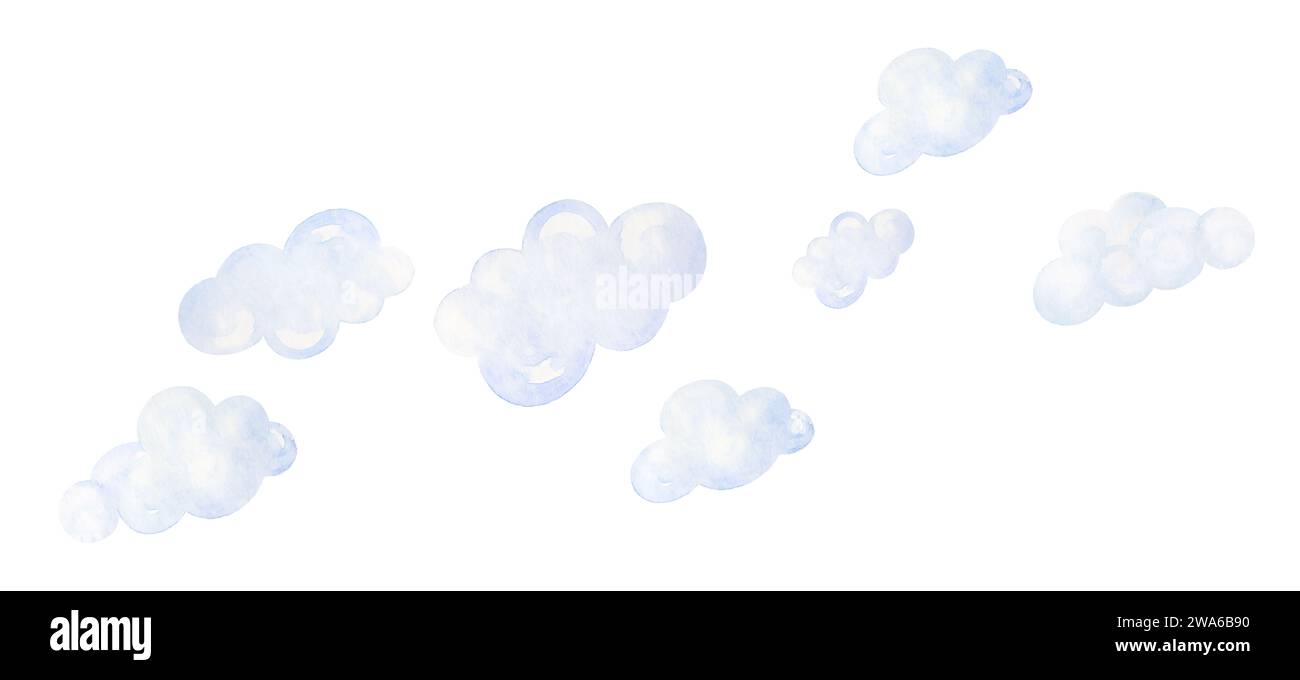 Light Blue Clouds Set. Nursery Sky Banner. Cloud Nursery Decor. Nursery Wall Art, Hand Drawn Watercolor Clip Art Stock Photo