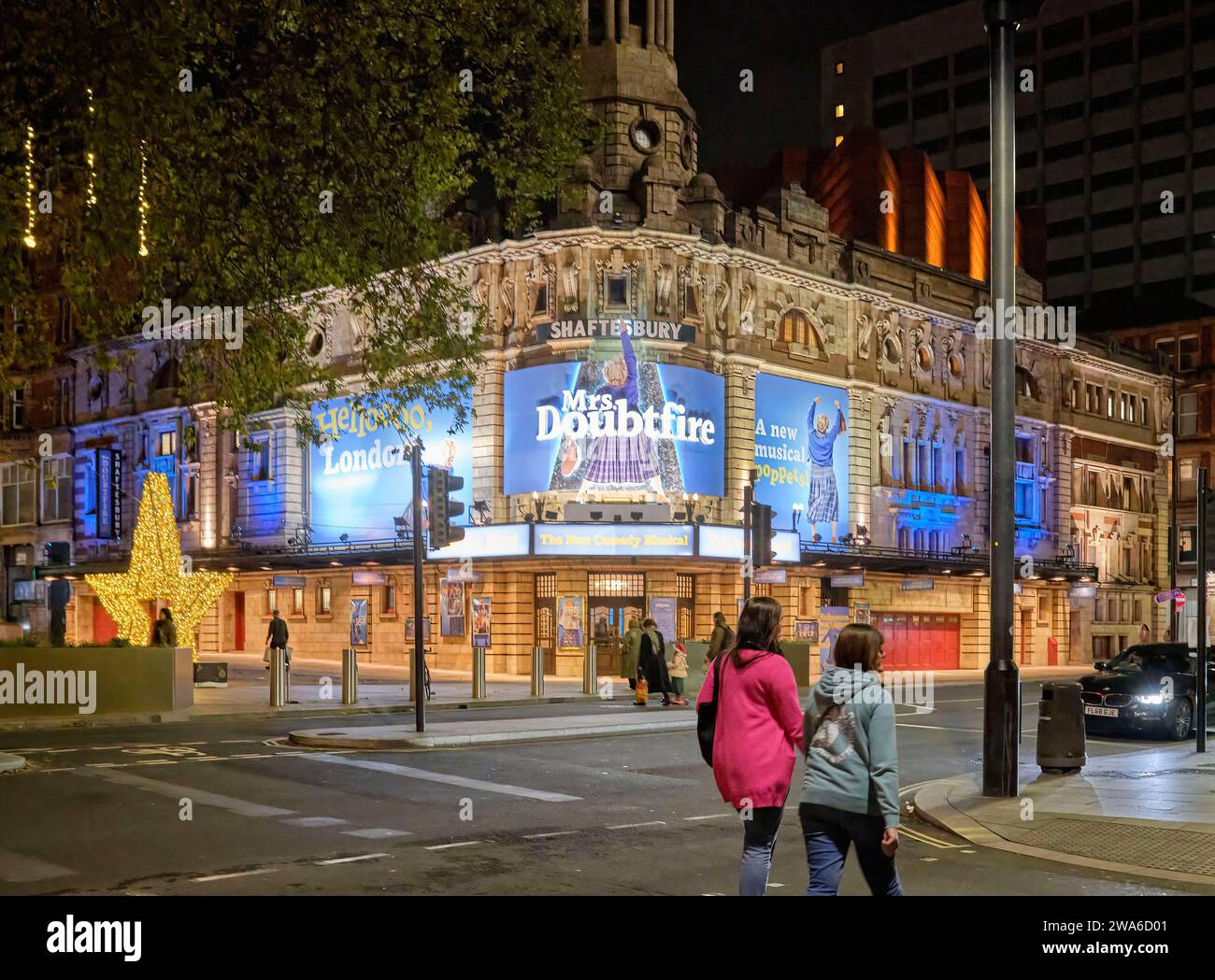 Shaftsbury Theatre, Shaftsbury Avenue, Mrs Doubtfire production,  Soho, Night scene, Central London UK Stock Photo