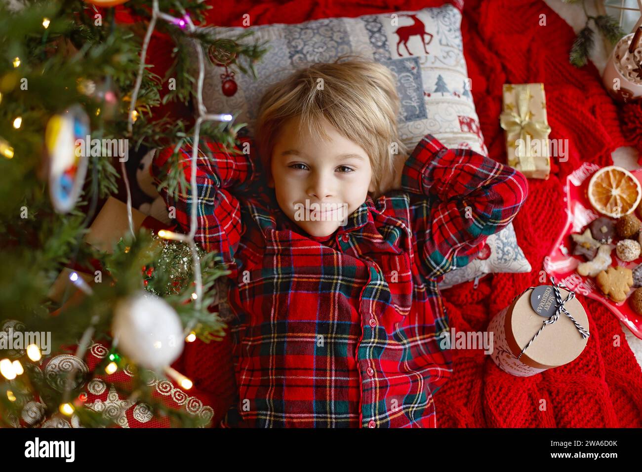 Cute child, cute blond boy, sleeping under the christmas tree, waiting for Santa Claus at night to come Stock Photo
