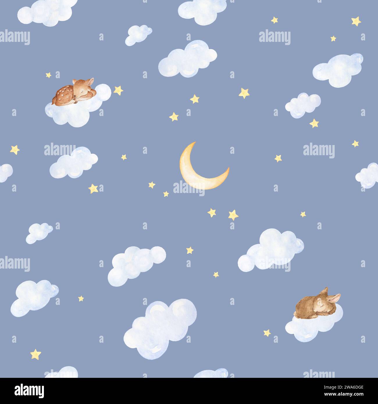 Watercolor Sleeping Animals Pattern. Watercolor Kids Wallpaper. Children Night Sky Seamless Pattern Blue Background Stock Photo