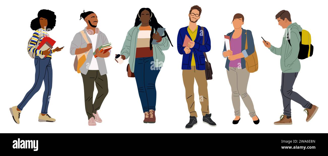 Set of multiracial students vector art isolated Stock Vector Image ...