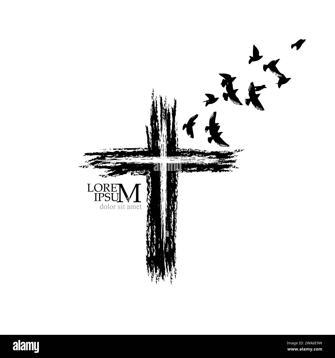 black cross religious with birds. Happy easter. hand drawing. Not AI