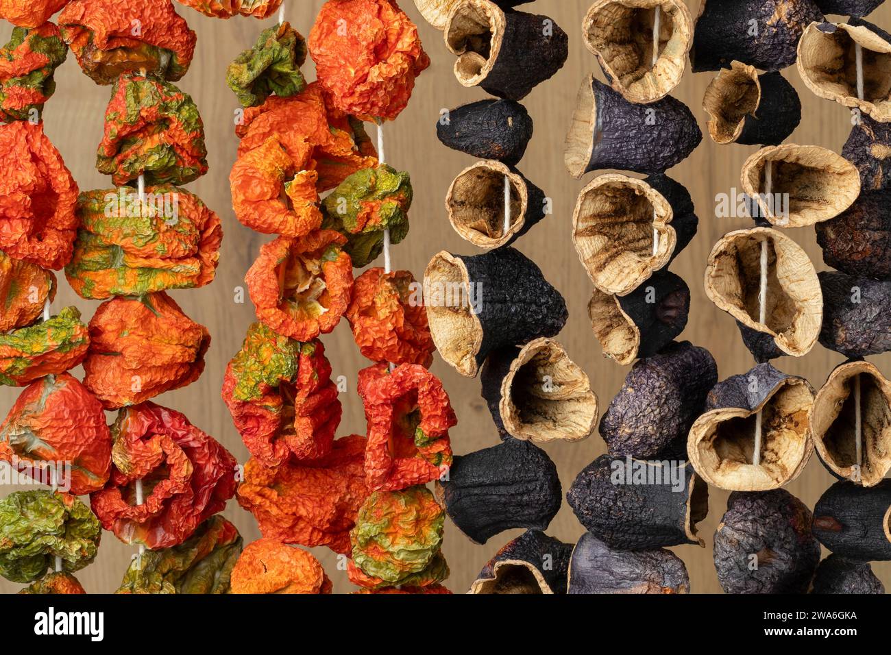 Chain of dried Turkish eggplants and bell peppers close up Stock Photo